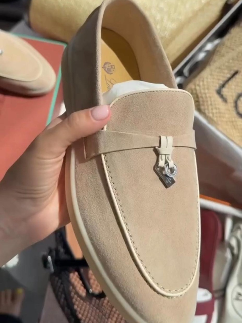 Inspired by Loro Piana -
Women's Suede Moccasins in Light Beige with Metal Char